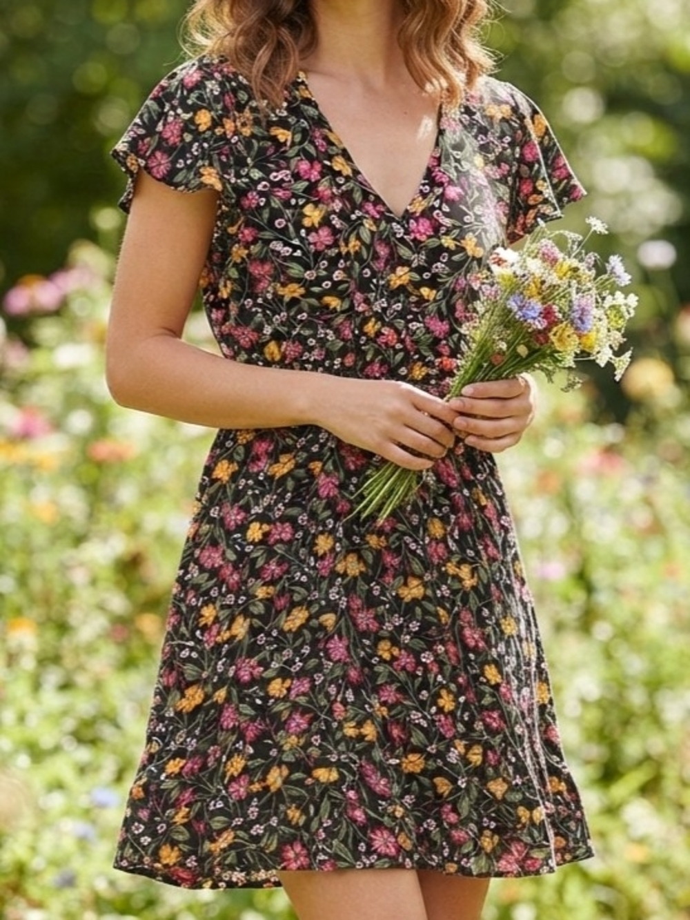 Old Navy Womens Black Floral V-Neck Smocked Fit & Flare Short Dress Small